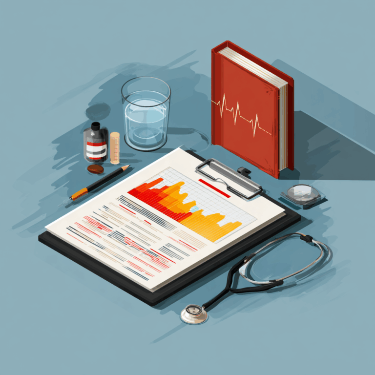 Medical health assessment concept with stethoscope, clipboard displaying colorful patient data chart, red book with heartbeat graphic, glass of water, medication, and syringe on blue background.