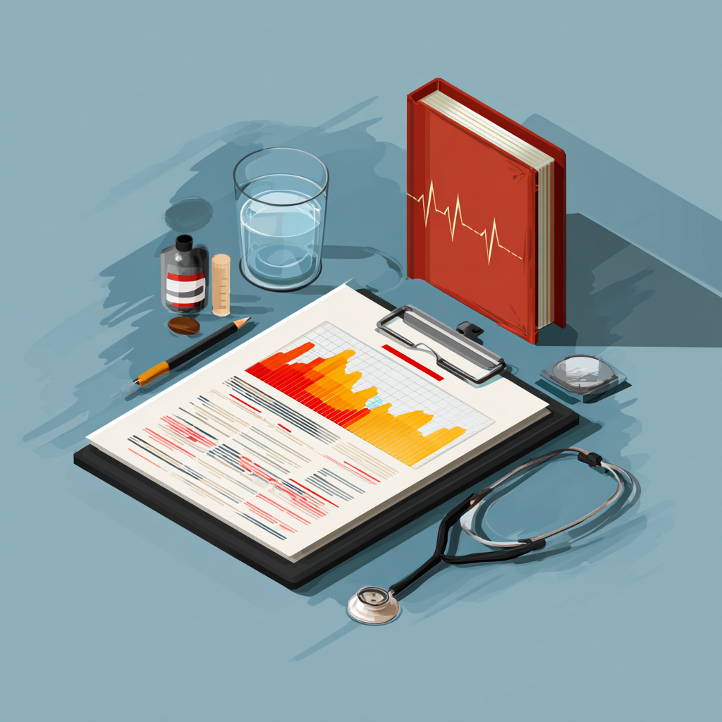 Medical health assessment concept with stethoscope, clipboard displaying colorful patient data chart, red book with heartbeat graphic, glass of water, medication, and syringe on blue background.