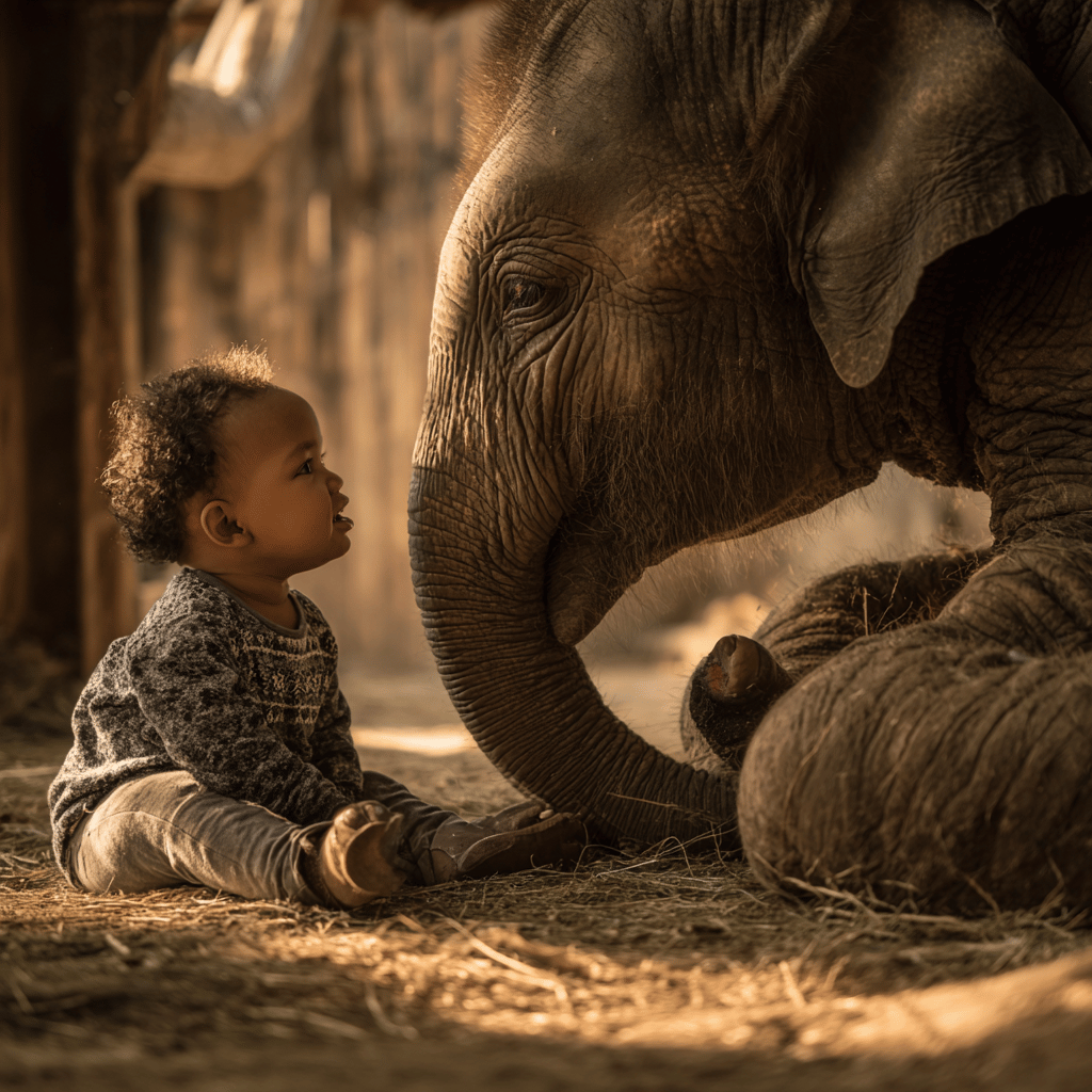 Adorable baby in denim overalls and flat cap sitting barefoot in an artist’s studio, surrounded by paint supplies, in front of a large monochrome elephant painting on canvas