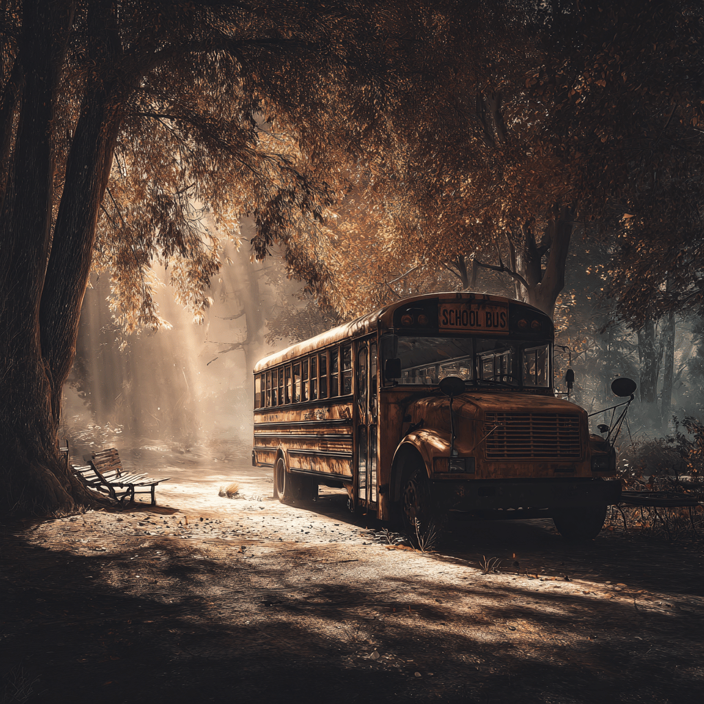 Rustic vintage yellow school bus parked on a quiet forest path during autumn, surrounded by golden leaves and morning mist, with sunlight streaming through tall trees to create a nostalgic, cinematic back-to-school scene.
