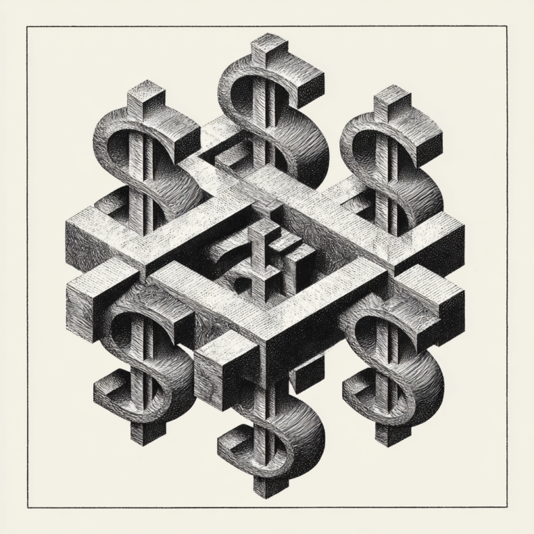 A black and white M.C. Escher-style illustration of an impossible geometric structure composed of 3D dollar signs and interlocking blocks with cross-hatched shading.