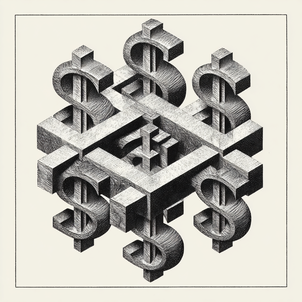 A black and white M.C. Escher-style illustration of an impossible geometric structure composed of 3D dollar signs and interlocking blocks with cross-hatched shading.